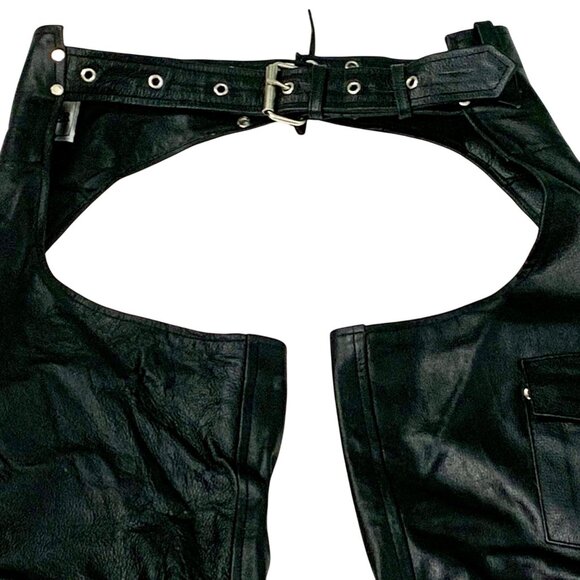 Genuine Leather Black Motorcycle Chaps Moto Adjustable Buckle Straps Size S - Picture 7 of 12